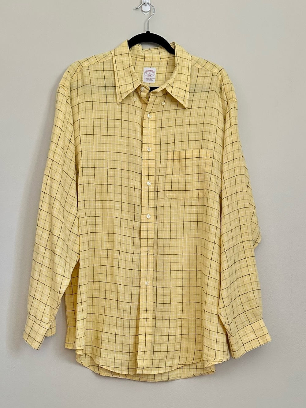 Brooks Brothers 346 Linen Shirt Mens XL Yellow Plaid Button Down Lightweight
